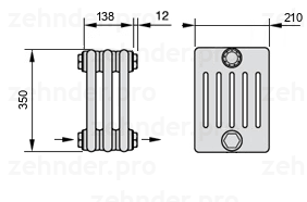 Схема (чертеж) Радиатор Zehnder Charleston 6035/3 №2670 Белый глянцевый RAL 9016